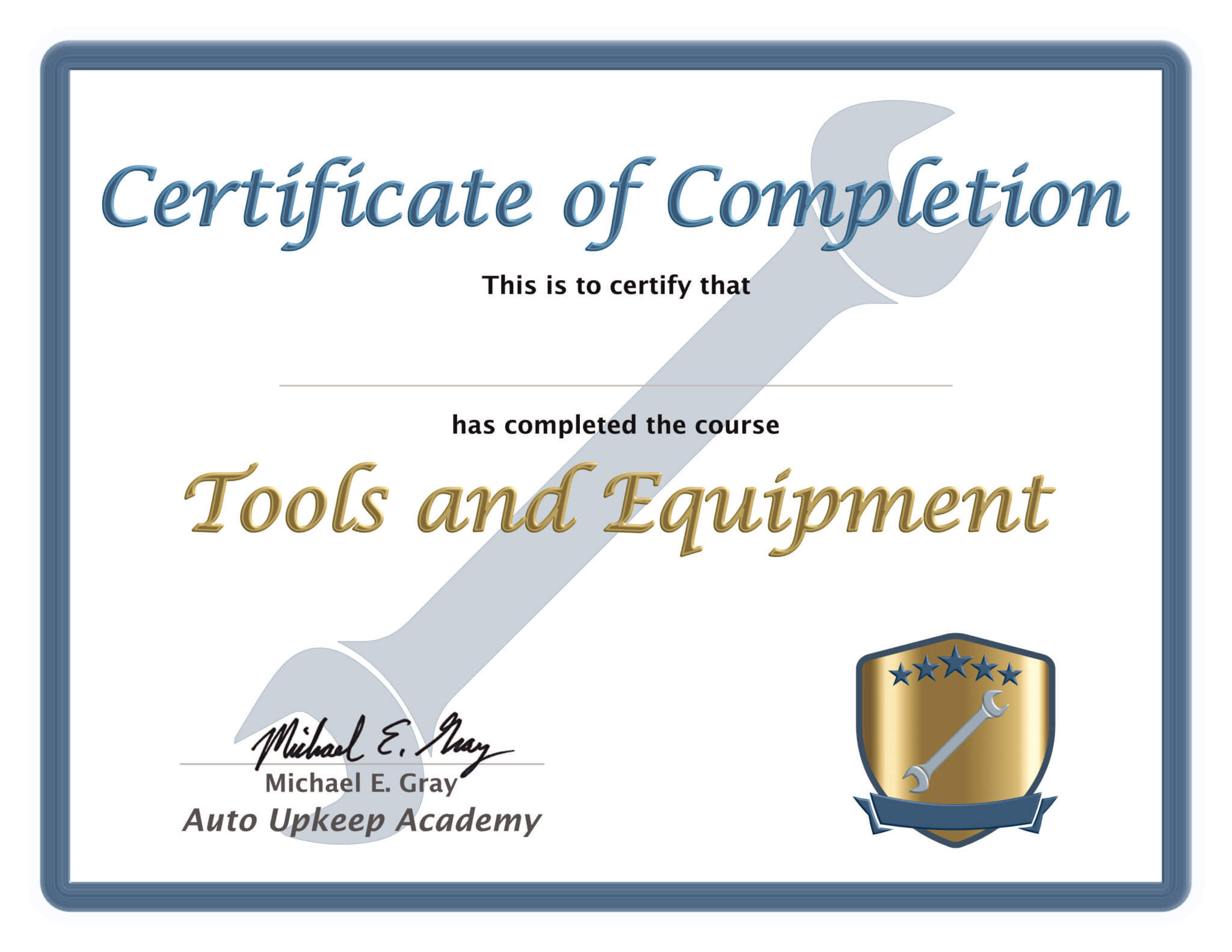 Certificate of Completion Auto Upkeep Academy